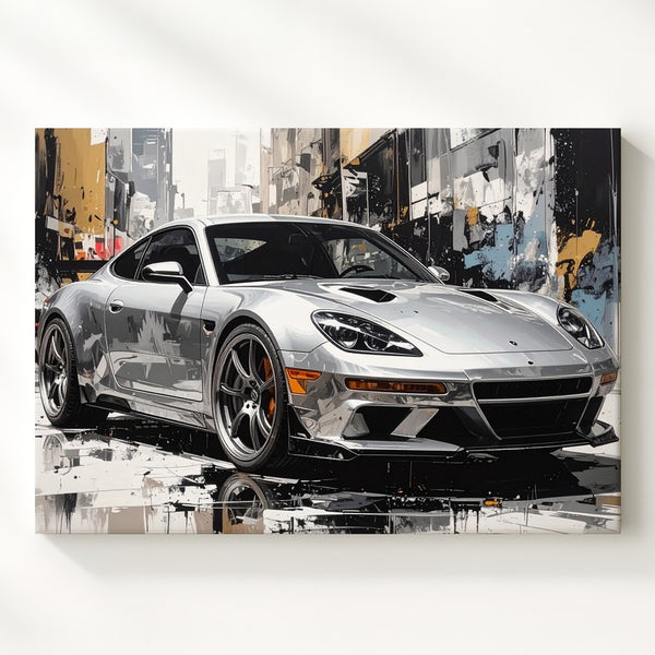 Abstract Porsche 911 Canvas – Silver Supercar in Street Art Style - Gifitto