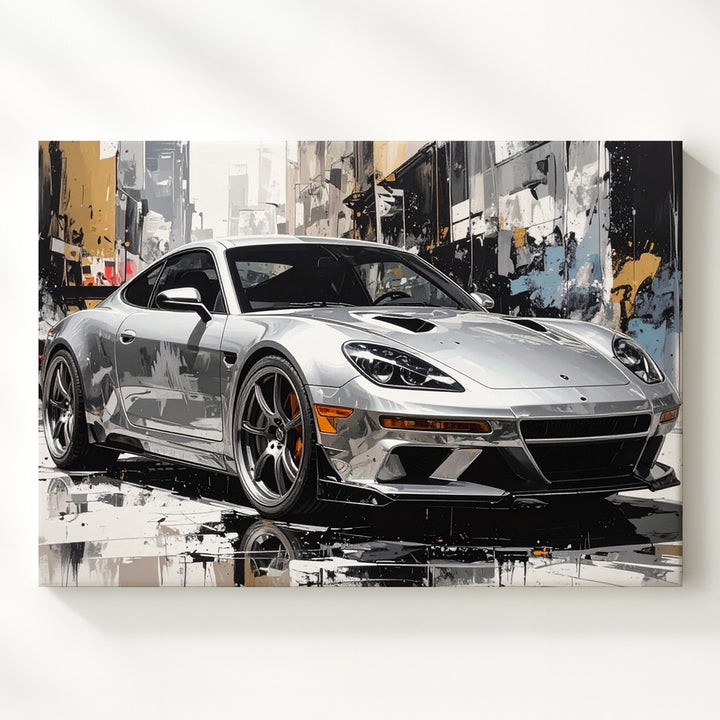 Abstract Porsche 911 Canvas – Silver Supercar in Street Art Style - Gifitto