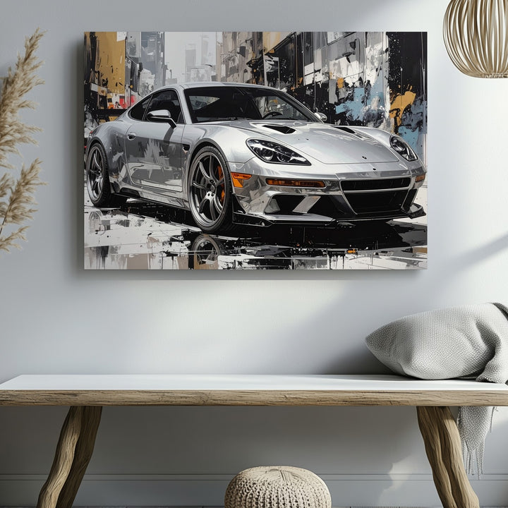 Abstract Porsche 911 Canvas – Silver Supercar in Street Art Style - Gifitto