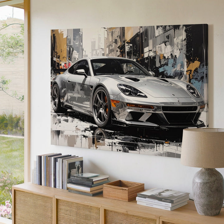 Abstract Porsche 911 Canvas – Silver Supercar in Street Art Style - Gifitto