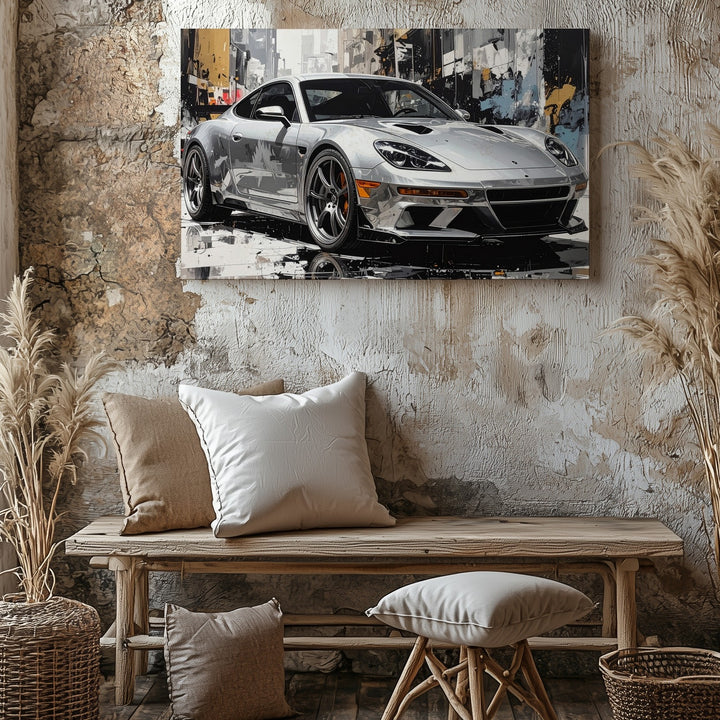 Abstract Porsche 911 Canvas – Silver Supercar in Street Art Style - Gifitto