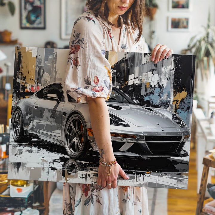 Abstract Porsche 911 Canvas – Silver Supercar in Street Art Style - Gifitto