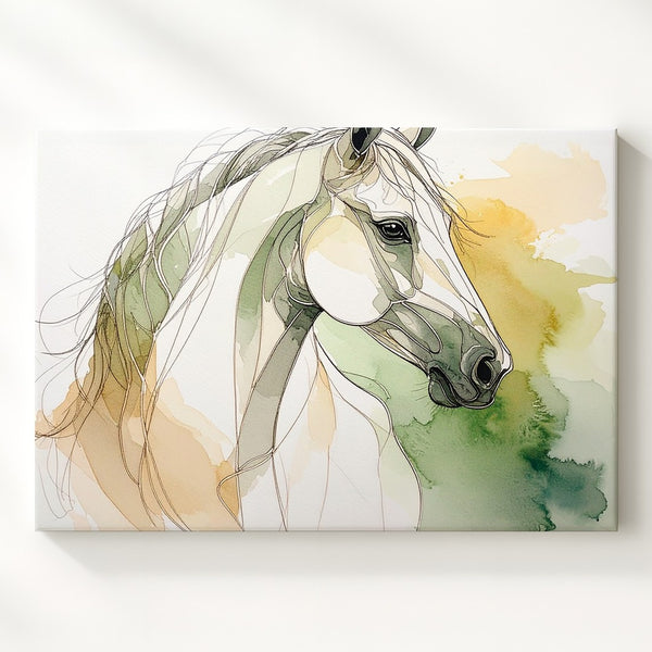 Minimalist Horse Head Canvas – Elegant Line Drawing with Watercolor Wash - Gifitto