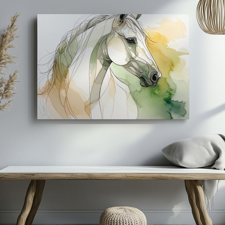 Minimalist Horse Head Canvas – Elegant Line Drawing with Watercolor Wash - Gifitto