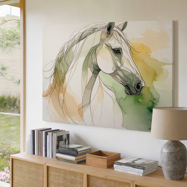 Minimalist Horse Head Canvas – Elegant Line Drawing with Watercolor Wash - Gifitto
