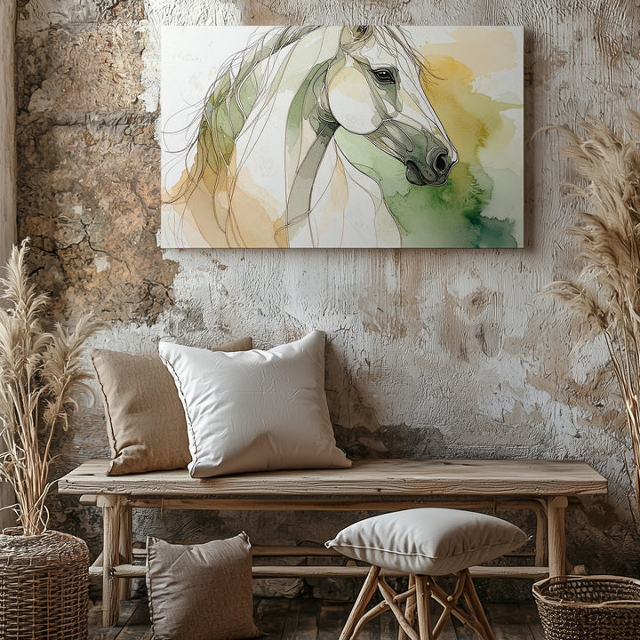 Minimalist Horse Head Canvas – Elegant Line Drawing with Watercolor Wash - Gifitto