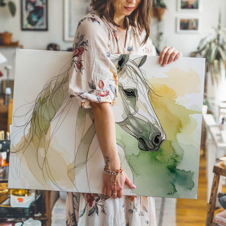 Minimalist Horse Head Canvas – Elegant Line Drawing with Watercolor Wash - Gifitto