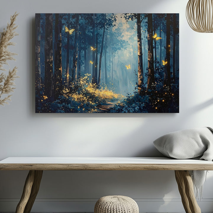 Twilight Forest Canvas – Serene Landscape with Glowing Fireflies and Ethereal Butterflies - Gifitto