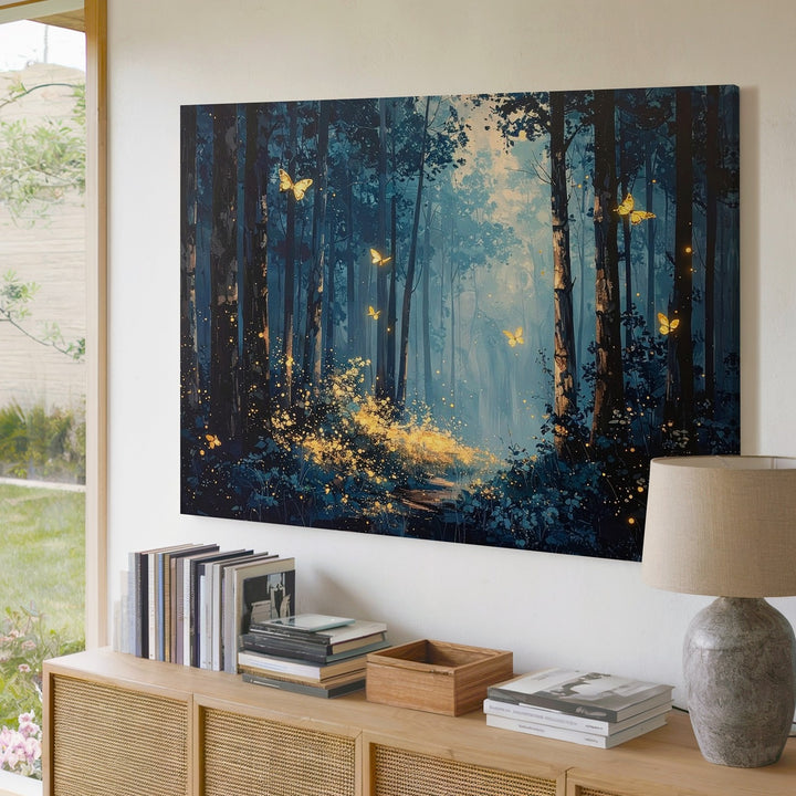 Twilight Forest Canvas – Serene Landscape with Glowing Fireflies and Ethereal Butterflies - Gifitto