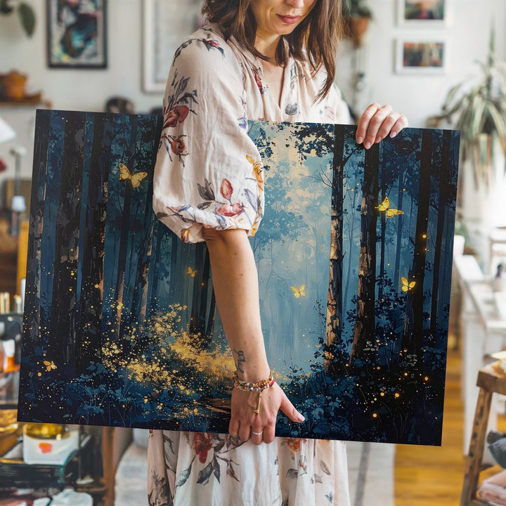 Twilight Forest Canvas – Serene Landscape with Glowing Fireflies and Ethereal Butterflies - Gifitto