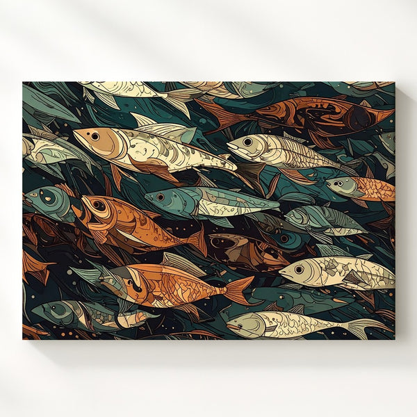 Ornamental Fish Pattern Canvas – Stylized Folk Art Marine Design
