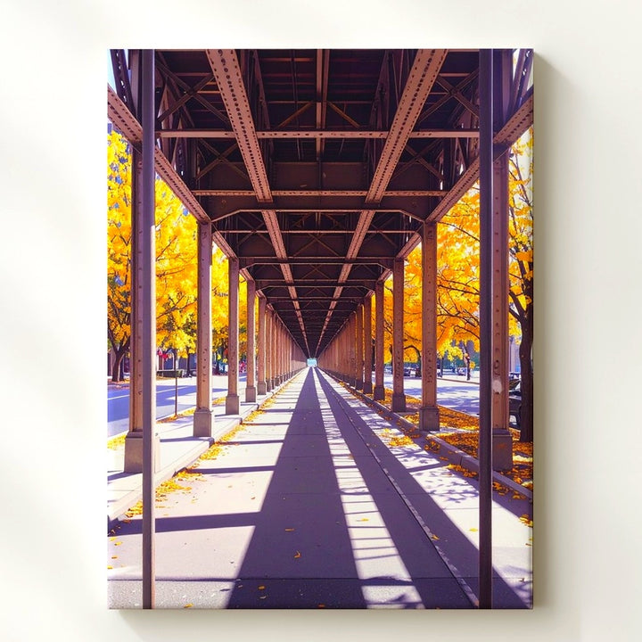 Autumn Urban Train Track Canvas – Elevated Structure with Geometric Lines and Foliage - Gifitto