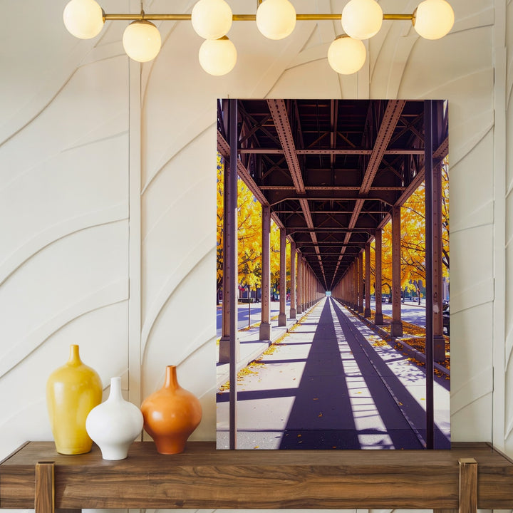 Autumn Urban Train Track Canvas – Elevated Structure with Geometric Lines and Foliage - Gifitto