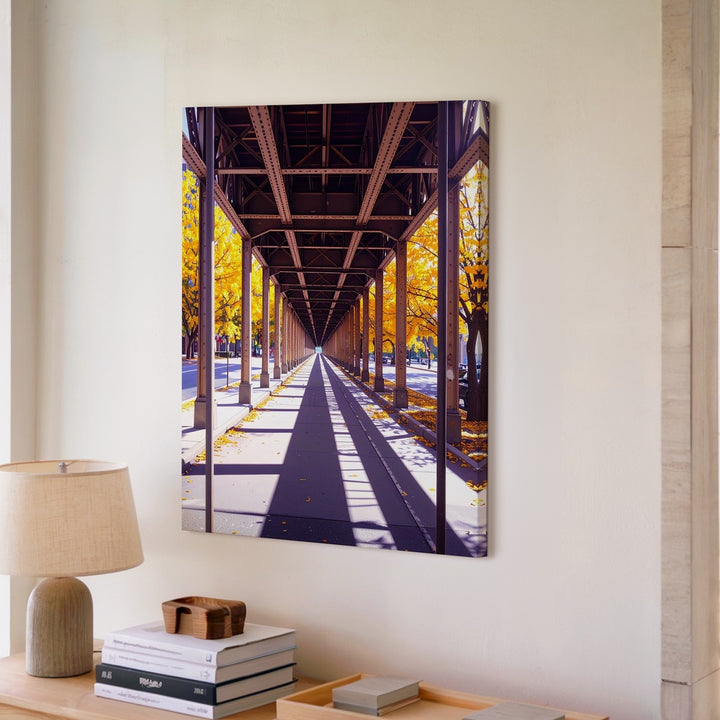 Autumn Urban Train Track Canvas – Elevated Structure with Geometric Lines and Foliage - Gifitto