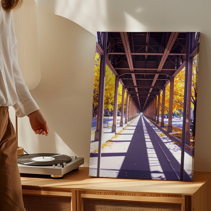 Autumn Urban Train Track Canvas – Elevated Structure with Geometric Lines and Foliage - Gifitto