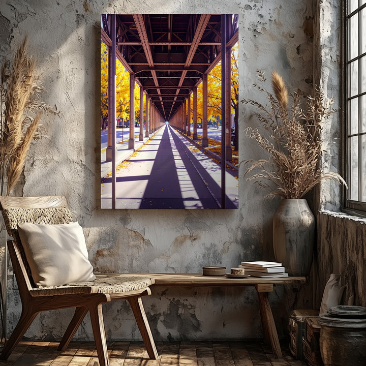 Autumn Urban Train Track Canvas – Elevated Structure with Geometric Lines and Foliage - Gifitto