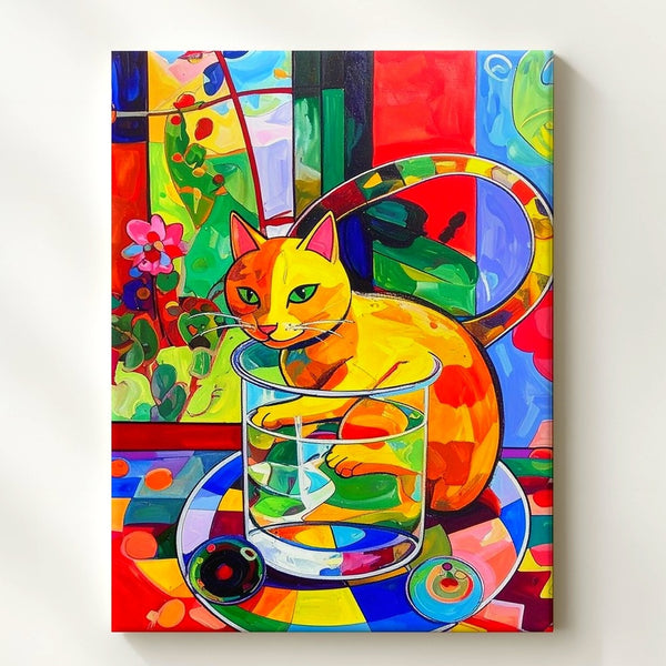 Whimsical Yellow Cat in Glass Canvas – Colorful Abstract Surreal Art - Gifitto