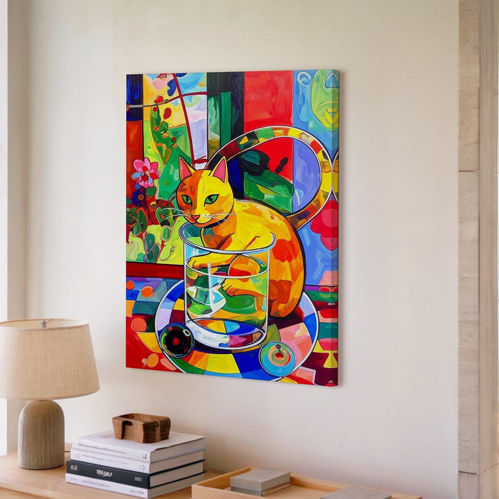 Whimsical Yellow Cat in Glass Canvas – Colorful Abstract Surreal Art - Gifitto