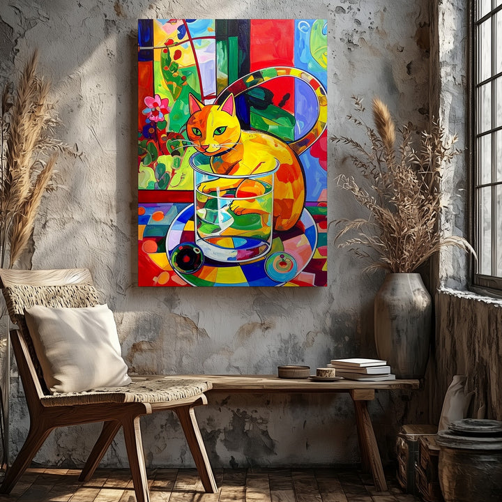 Whimsical Yellow Cat in Glass Canvas – Colorful Abstract Surreal Art - Gifitto