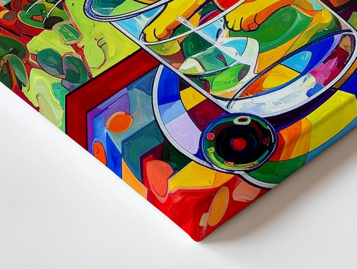Whimsical Yellow Cat in Glass Canvas – Colorful Abstract Surreal Art - Gifitto