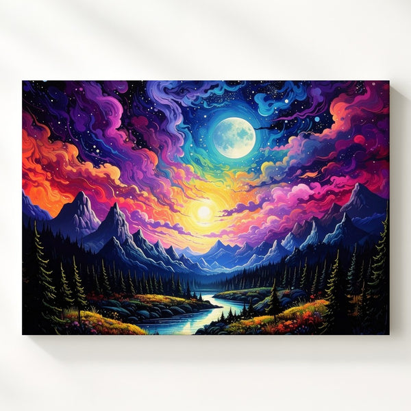 Cosmic Moonlit Landscape Canvas – Vibrant Fantasy with Auroras and Reflecting River - Gifitto