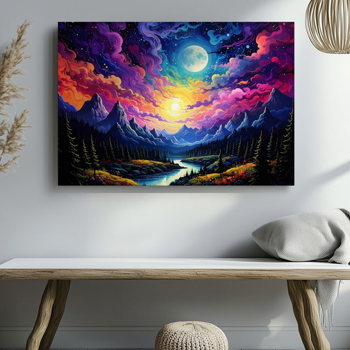 Cosmic Moonlit Landscape Canvas – Vibrant Fantasy with Auroras and Reflecting River - Gifitto