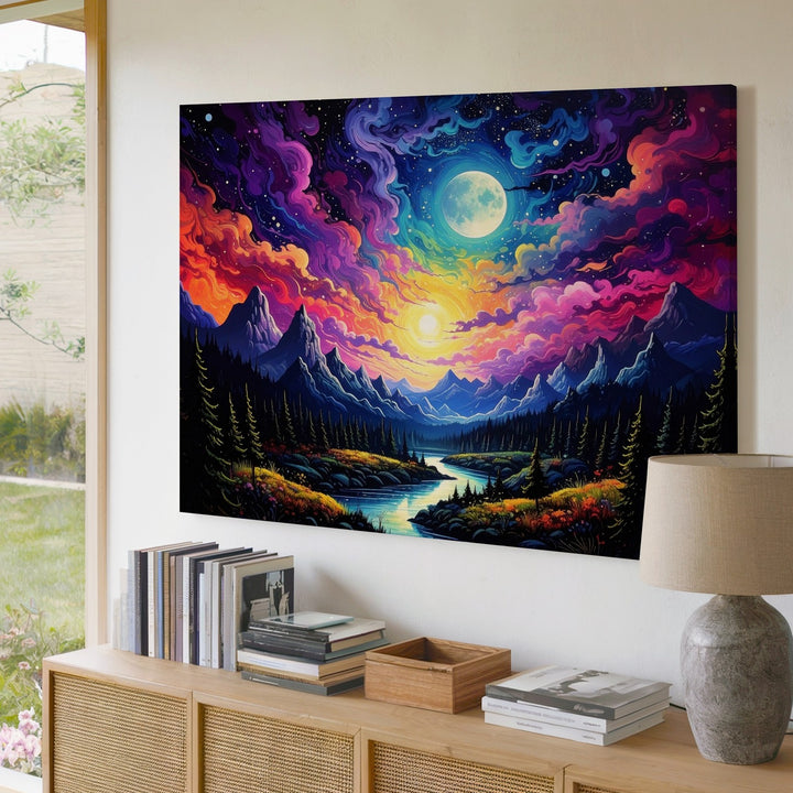 Cosmic Moonlit Landscape Canvas – Vibrant Fantasy with Auroras and Reflecting River - Gifitto