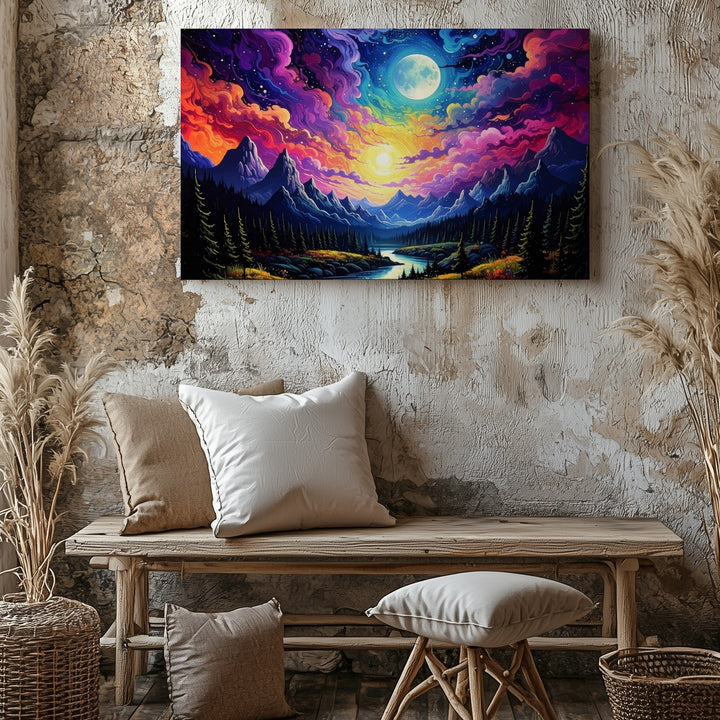 Cosmic Moonlit Landscape Canvas – Vibrant Fantasy with Auroras and Reflecting River - Gifitto