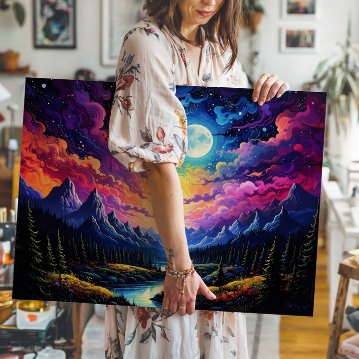 Cosmic Moonlit Landscape Canvas – Vibrant Fantasy with Auroras and Reflecting River - Gifitto