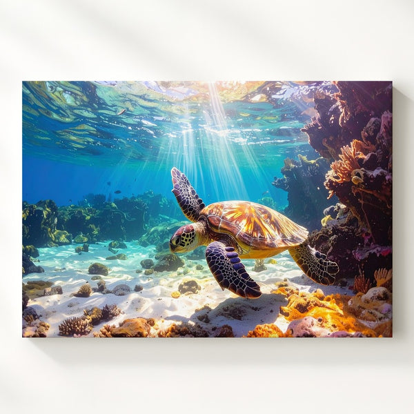Sunlit Sea Turtle Reef Canvas – Bright Tropical Underwater Photo Art