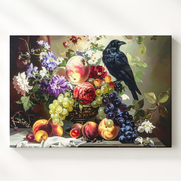 Baroque Fruit & Flower Still Life Canvas – Dramatic Art with Crow - Gifitto