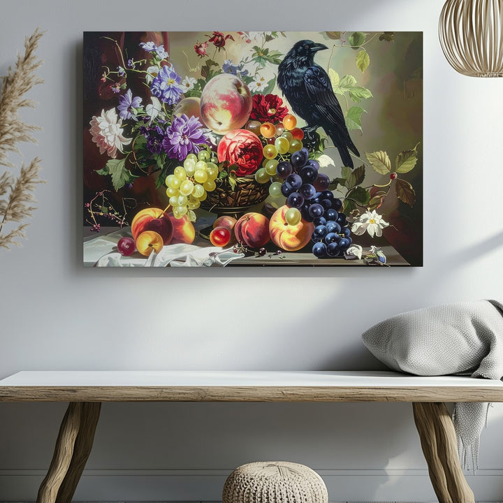 Baroque Fruit & Flower Still Life Canvas – Dramatic Art with Crow - Gifitto