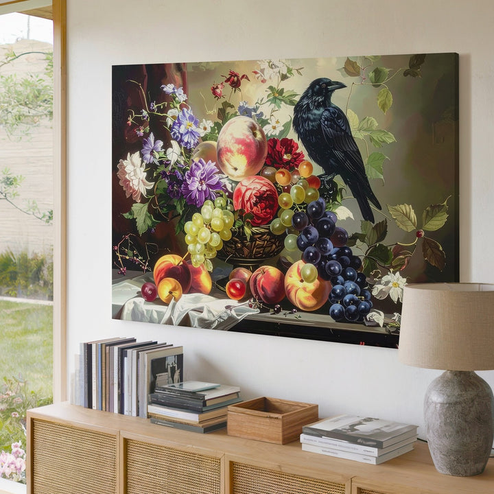 Baroque Fruit & Flower Still Life Canvas – Dramatic Art with Crow - Gifitto