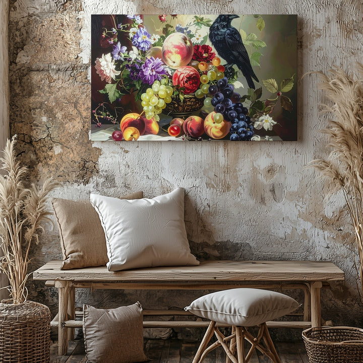 Baroque Fruit & Flower Still Life Canvas – Dramatic Art with Crow - Gifitto