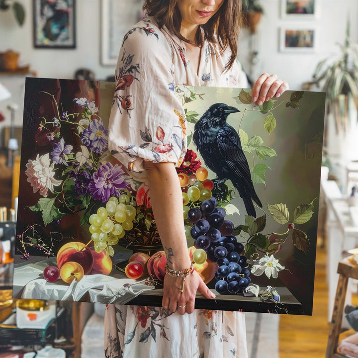 Baroque Fruit & Flower Still Life Canvas – Dramatic Art with Crow - Gifitto
