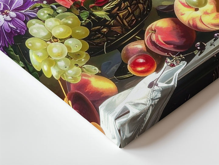 Baroque Fruit & Flower Still Life Canvas – Dramatic Art with Crow - Gifitto