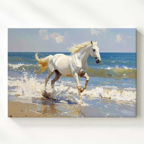 Galloping White Horse on Shoreline Canvas – Dynamic Equestrian Seaside Art - Gifitto