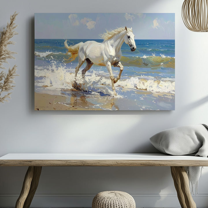 Galloping White Horse on Shoreline Canvas – Dynamic Equestrian Seaside Art - Gifitto