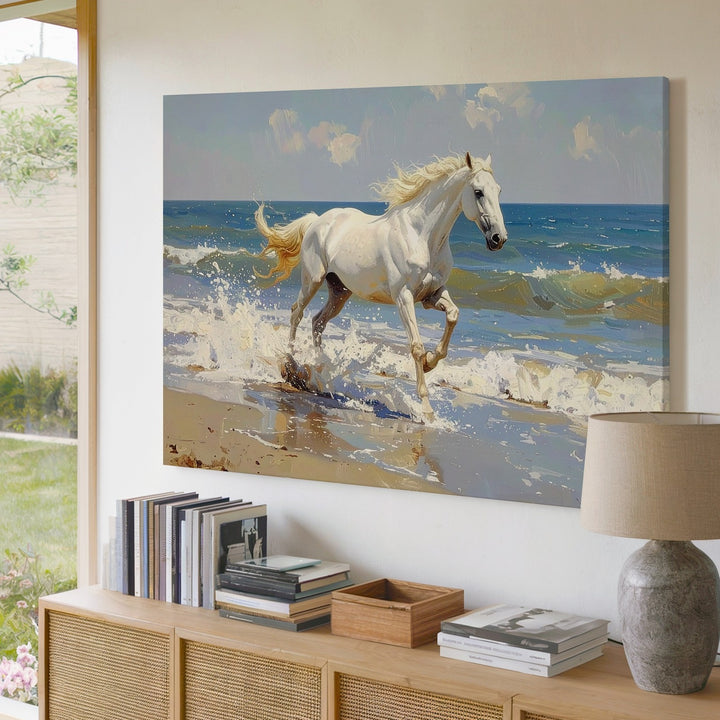 Galloping White Horse on Shoreline Canvas – Dynamic Equestrian Seaside Art - Gifitto