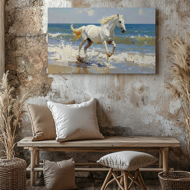 Galloping White Horse on Shoreline Canvas – Dynamic Equestrian Seaside Art - Gifitto