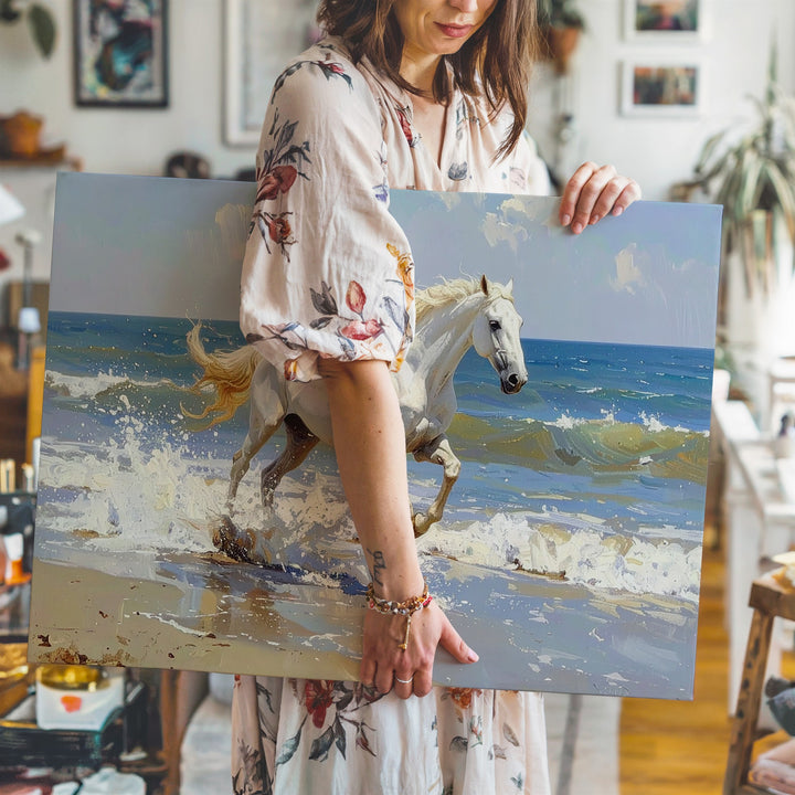 Galloping White Horse on Shoreline Canvas – Dynamic Equestrian Seaside Art - Gifitto