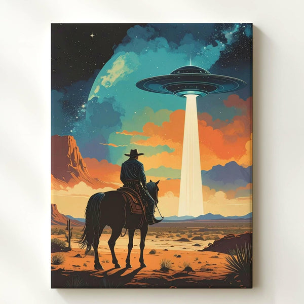 Cowboy and UFO Canvas – Lone Rider in Desert with Alien Craft and Beam of Light - Gifitto