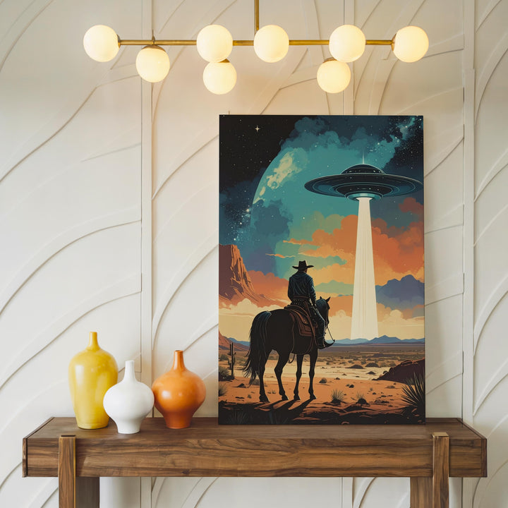 Cowboy and UFO Canvas – Lone Rider in Desert with Alien Craft and Beam of Light - Gifitto