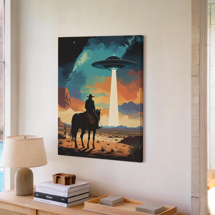 Cowboy and UFO Canvas – Lone Rider in Desert with Alien Craft and Beam of Light - Gifitto