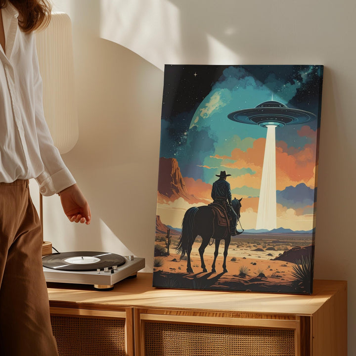 Cowboy and UFO Canvas – Lone Rider in Desert with Alien Craft and Beam of Light - Gifitto