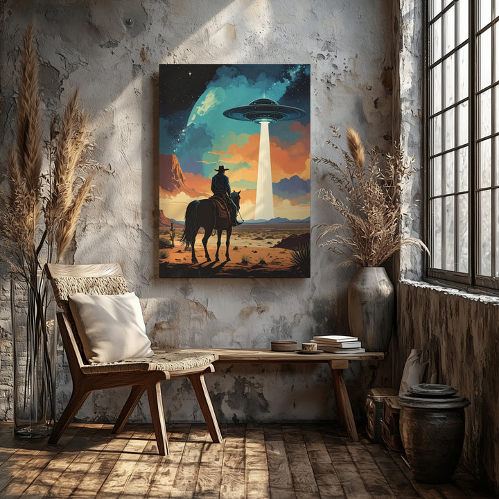 Cowboy and UFO Canvas – Lone Rider in Desert with Alien Craft and Beam of Light - Gifitto