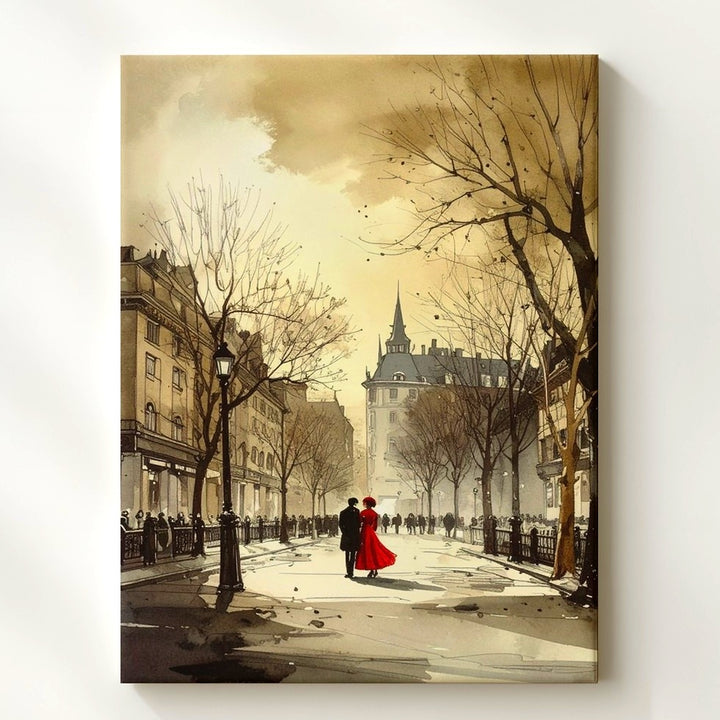 Winter City Square Canvas – Monochromatic Sketch with Couple in Red - Gifitto