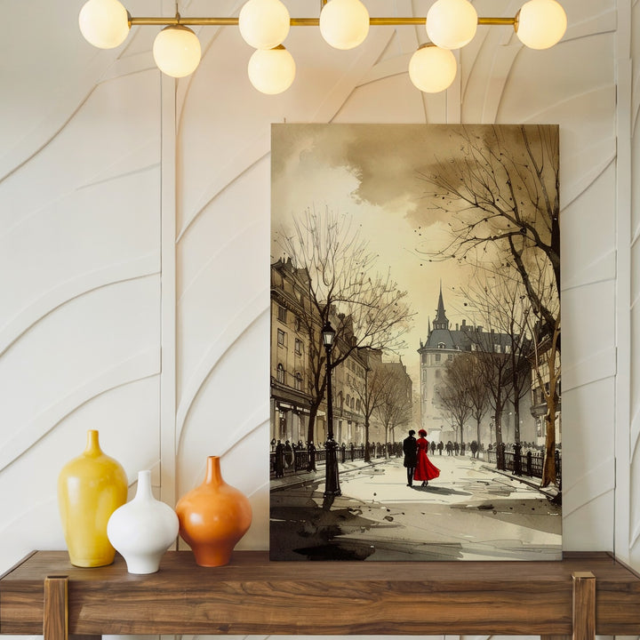 Winter City Square Canvas – Monochromatic Sketch with Couple in Red - Gifitto
