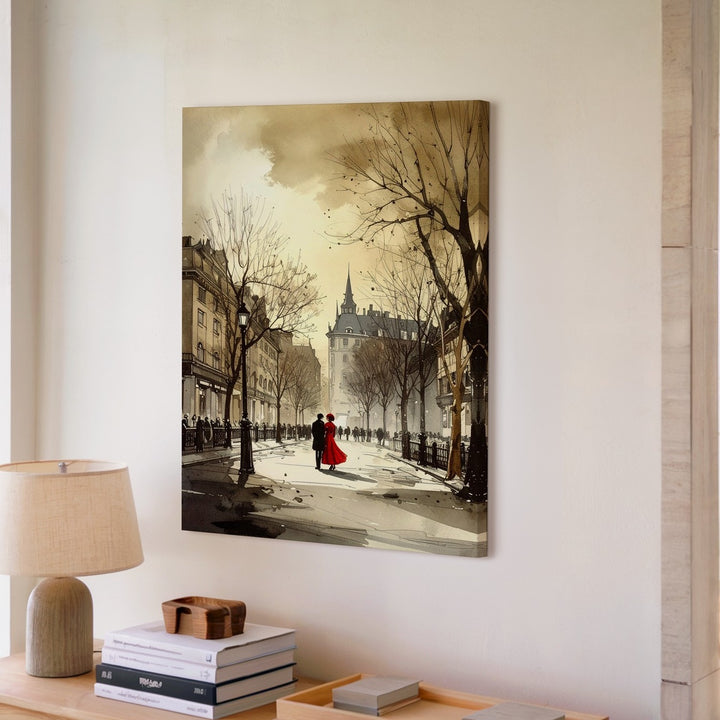 Winter City Square Canvas – Monochromatic Sketch with Couple in Red - Gifitto