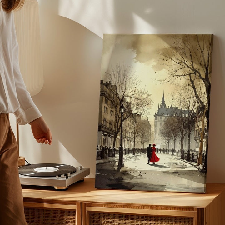 Winter City Square Canvas – Monochromatic Sketch with Couple in Red - Gifitto